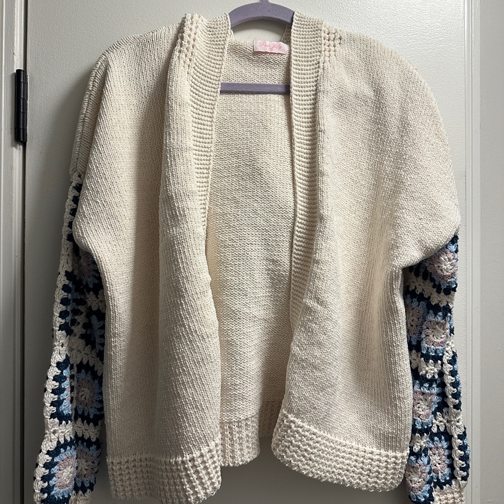 Pink Lily Cream Cardigan with Blue Accents